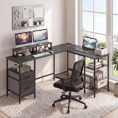 Bureau en L avec prise de courant, bureau d'ordinateur réversible avec supports pour écran gris + noir
