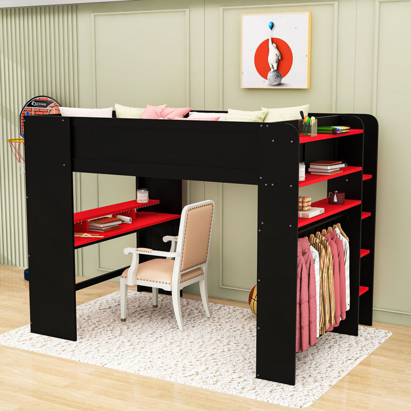 Full Wooden Loft Bed With Light Strip, Desk, USB Port And Ample Storage Space, Red
