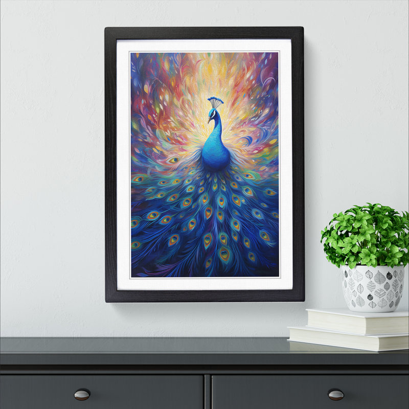 Peacock Symbolism - Single Picture Frame Print on Wood, Black Framed, 46cm H x 34cm W x 2" D