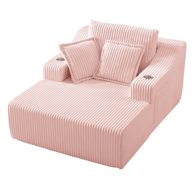67" Modern Indoor Chaise Lounge, Upholstered Sleeper Sofa Bed with Cup Holders & 3 Pillows