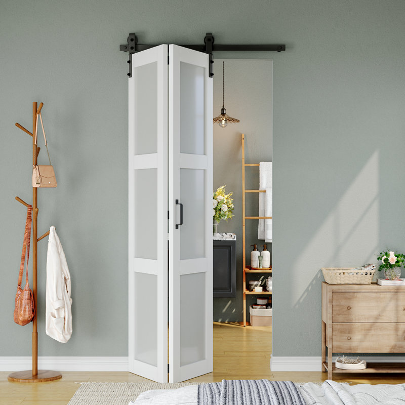 Glass and Solid Manufactured Wood Sliding Bi-Fold Barn Door with Installation Hardware Kit, 40" x 84"