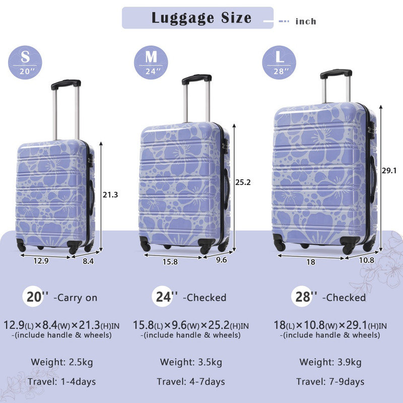 Valise légère à roulettes Hardshell 3 pièces 20/24/28 pouces avec serrure TSA pour voyage, Purple