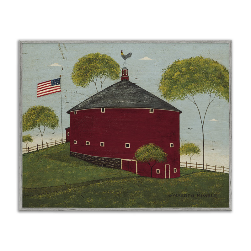 Illustration de giclée encadrée, grange ronde avec drapeau des États-Unis, conception de Warren Kimble, H 24 po x l 30 po