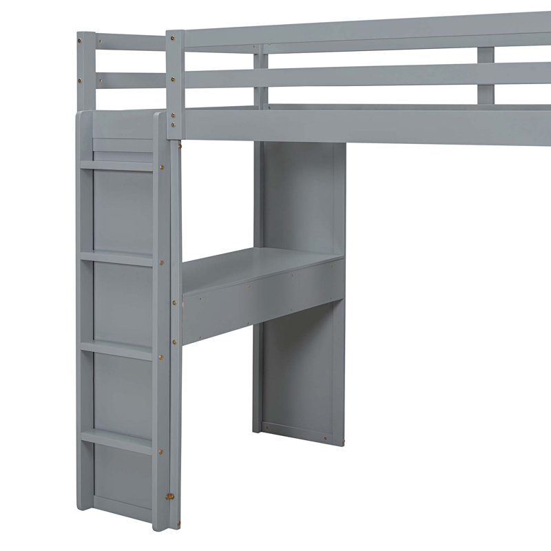 Lit mezzanine double avec grandes tablettes, bureau et lumière DEL, gris