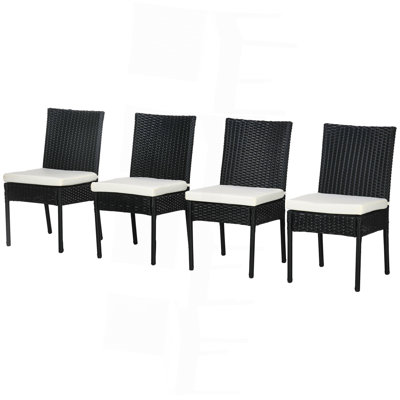 4 chaises de salle à manger d'extérieur en rotin PE avec coussins, chaises de patio en osier avec dossier pour porche, terrasse, jardin, blanc crème