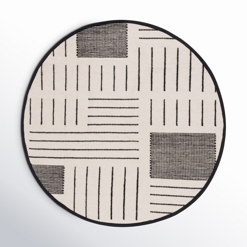Geometric Handmade Kilim Wool/Cotton Area Rug in Ivory/Black, Round 6'