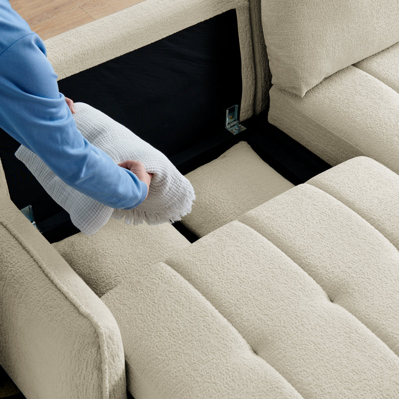 90.15" Queen size upholstered Multi-functional convertible sleeper sofa with storage, Beige