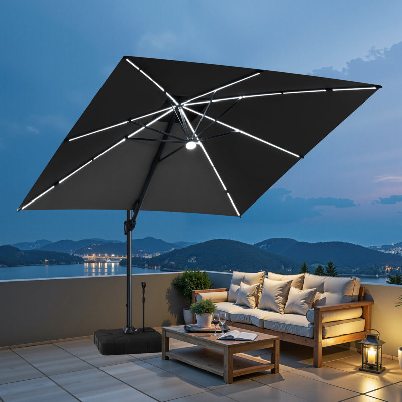 Parasol en porte-à-faux de patio carré 11 pi 11 pi avec lumières DEL solaires et base lestée, Black