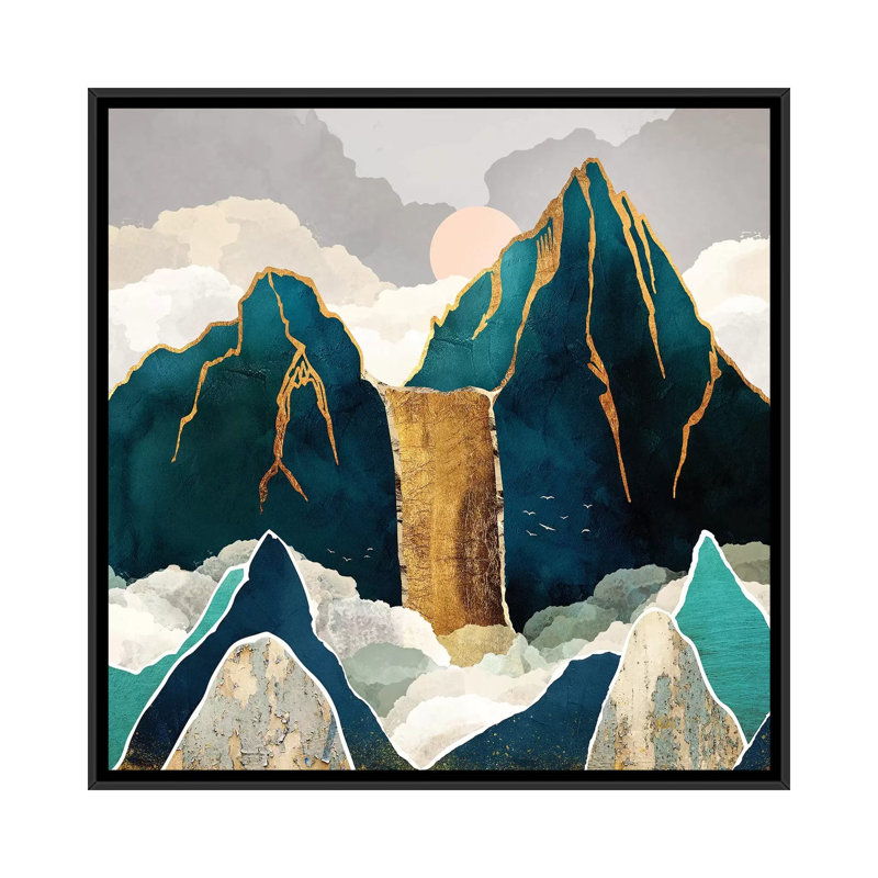 Golden Waterfall - impression d'art graphique, Toile avec cadre noir, Aucun mat, H 18 po x l 18 po x 1,5 po