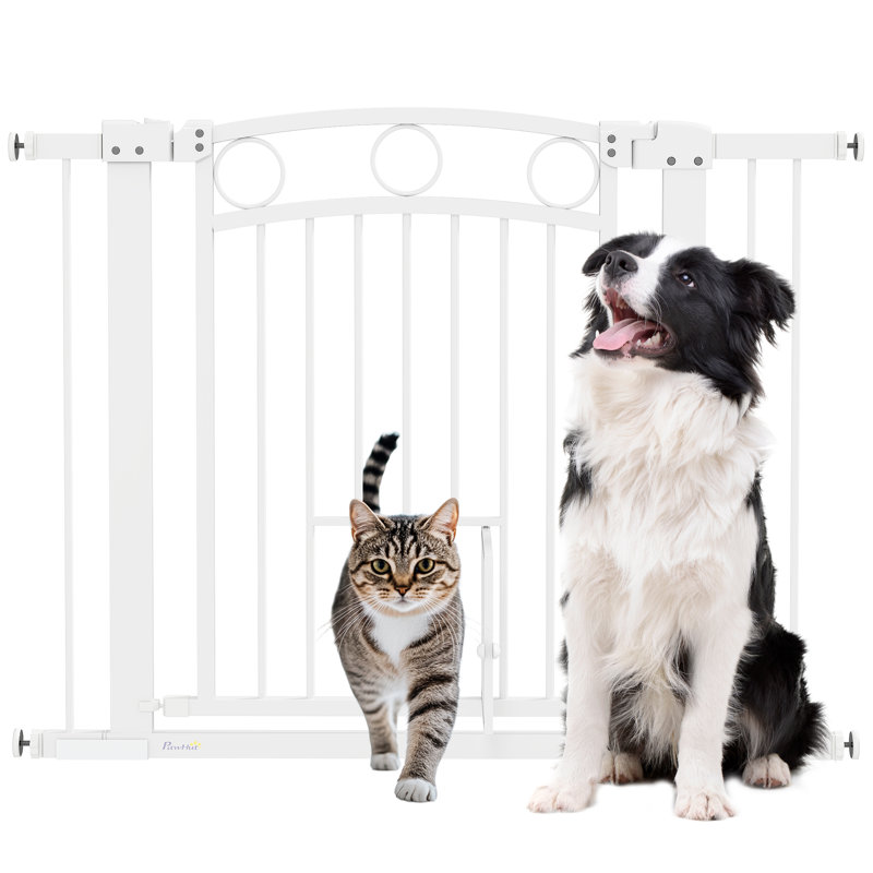 Dog Gate with Cat Door, 2 Extension Kits,, 30.3" H x 40.9" W x 2" D