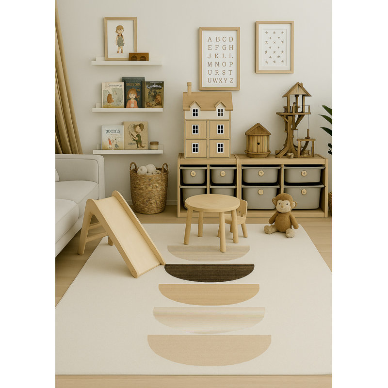 Tapis crème / beige à motif géométrique pour enfants 7 pi x 10 pi (6 pi 7 po x 9 pi 6 po) Branch Branch Solis, tapis moderne, à poils moyens et résistant aux taches