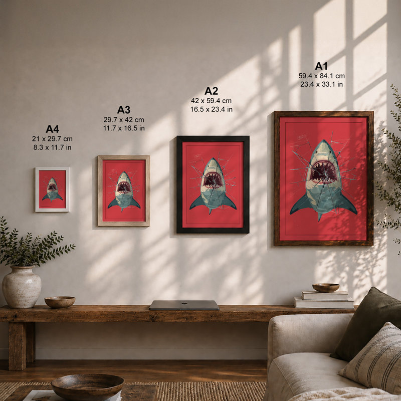 Shark Confrontation Modern - Framed Print, Oak, A3 - 42.0 x 29.7 cm