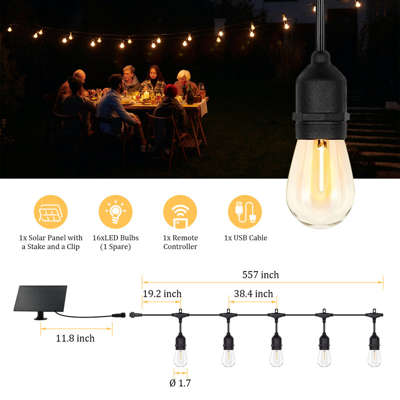 Belvie 15-Bulb 50FT Solar-Powered Outdoor String Lights- for Holiday Decor, Camping, Everyday Use