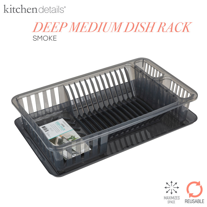 Smoke Gray Plastic Dish Rack with Utensil Cup and Tray