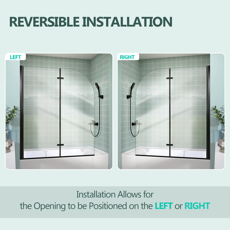 48" W X 58" H Bifold Frameless Hinged Bathtub Shower Tub Door With Tempered Glass Folding Pivot Glass Shower Door