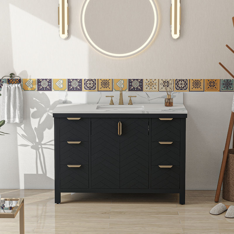 Meuble-lavabo simple 48 po avec comptoir en pierre reconstituée avec lavabo, Noir, noir, noir, noir