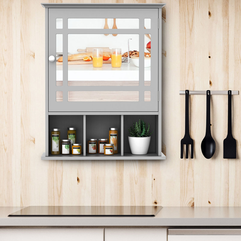 Armoire de rangement murale grise pour salle de bain - avec miroir, attrait moderne pour différentes pièces Toilettage supplémentaire - grande et 3 tablettes inférieures