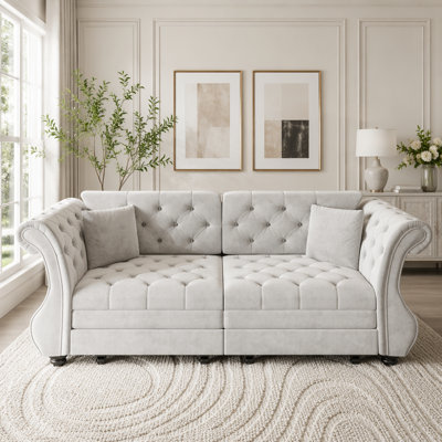 Oversized Chesterfield Pull Out Sofa Bed, Classic Roll Arm Velvet Couch with Flower Tufting