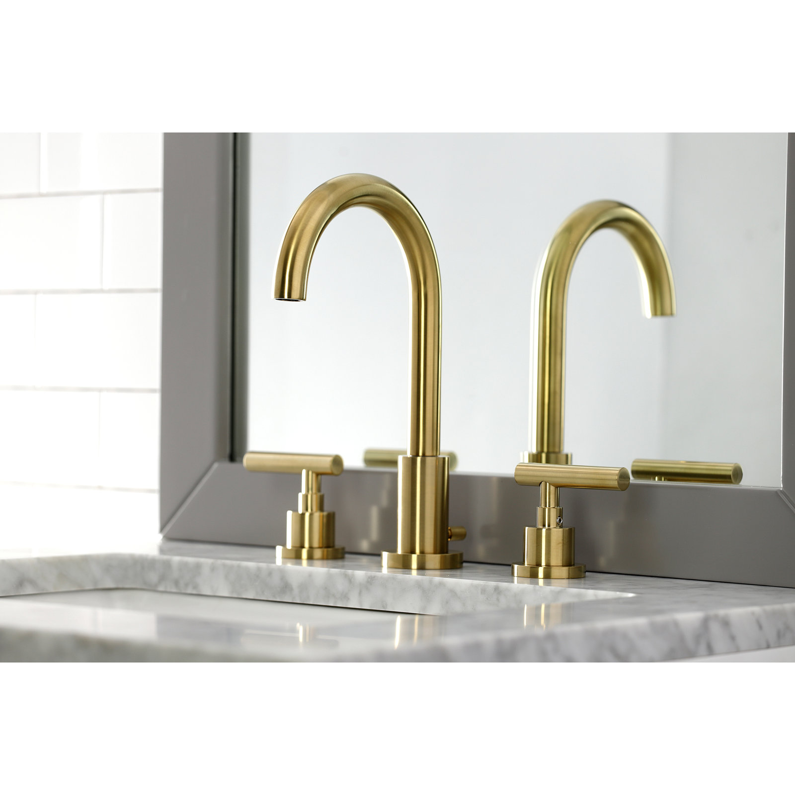 Kingston Brass Manhattan Two-Handle 3-Hole Deck Mount Widespread Bathroom Faucet with Brass Pop-Up Drain, Brushed Brass