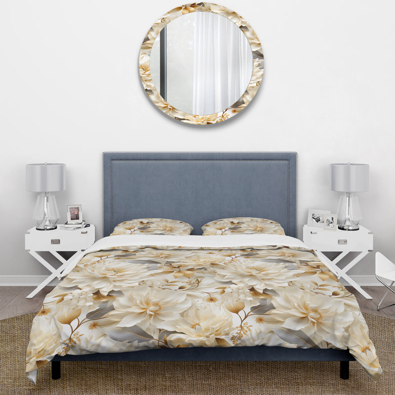 Literie blanche à motif de fleurs de chrysanthème I, Housse de couette simple + 1 taie décorative stan