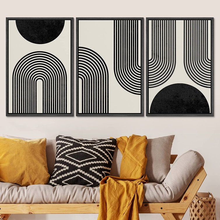 Spiral Parabolas & Solid Semi Circle Modern Neutral Black Wall Art Framed On Canvas 3 Pieces Print