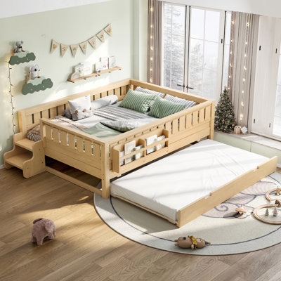 Full with built-in bookshelves and small staircase, high-quality safety rails, and Trundle,Light Natural