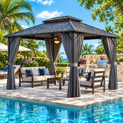 12×10 Ft Heavy-Duty Aluminum Frame Outdoor Gazebo with Metal Double Roof Canopy, All-Weather Metal Gazebo Includes Breathable Netting & Privacy Curtains, Pavilion for Patios/Backyard/Deck