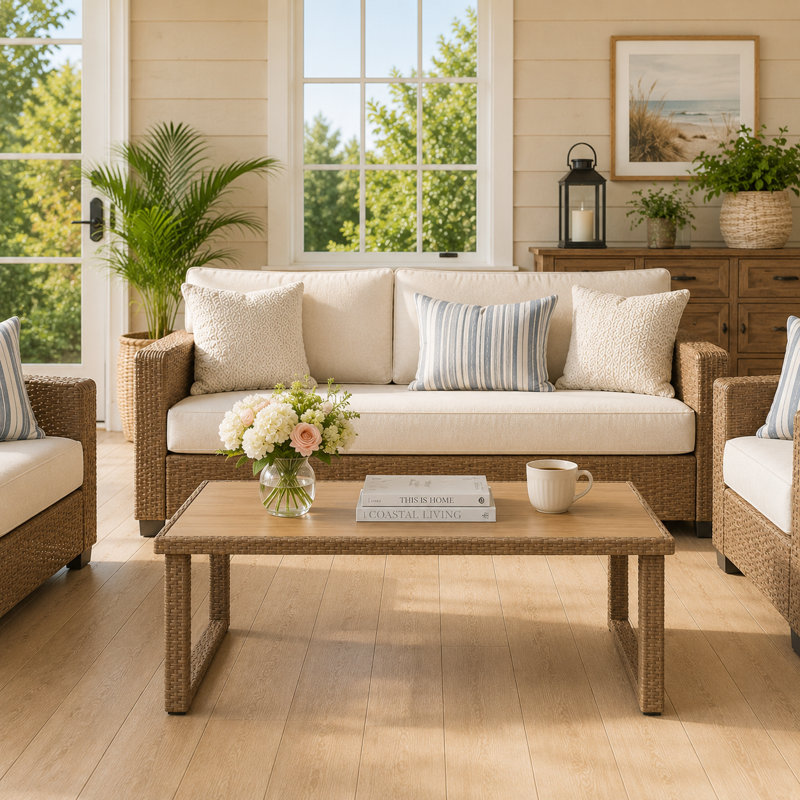 Table basse en rotin et osier pour terrasse
