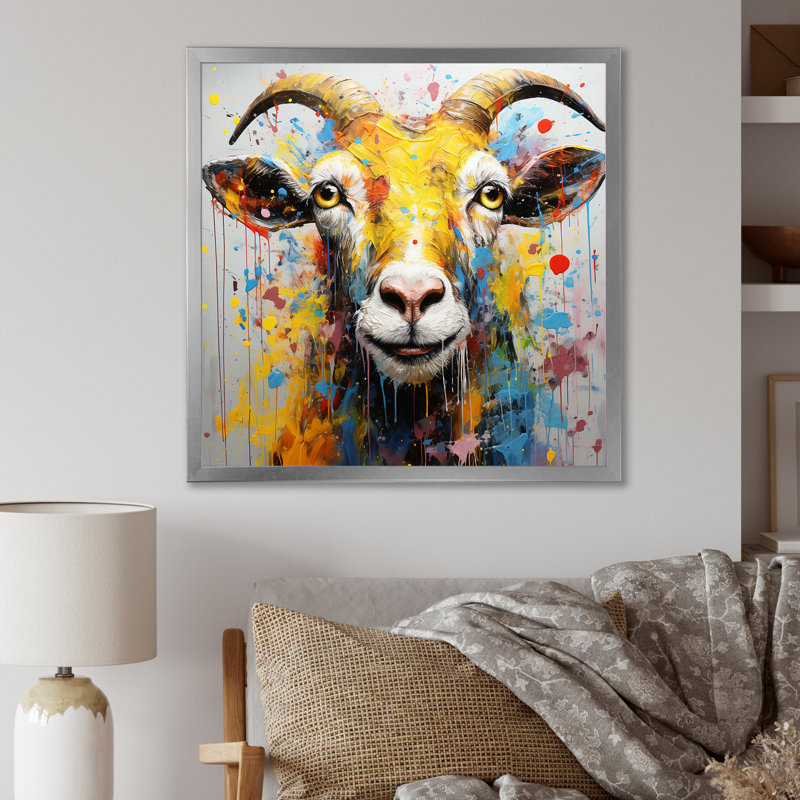 Jaune jaune, art de chèvre, art mural, Cadre simple argenté, H 30 po x l 30 po x P 1,5 po