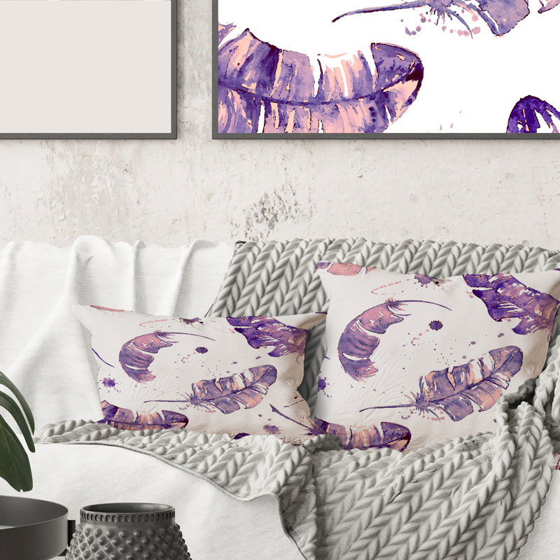 Coussin Ethnique plumes mauves - imprimé bohémien et éclectique
