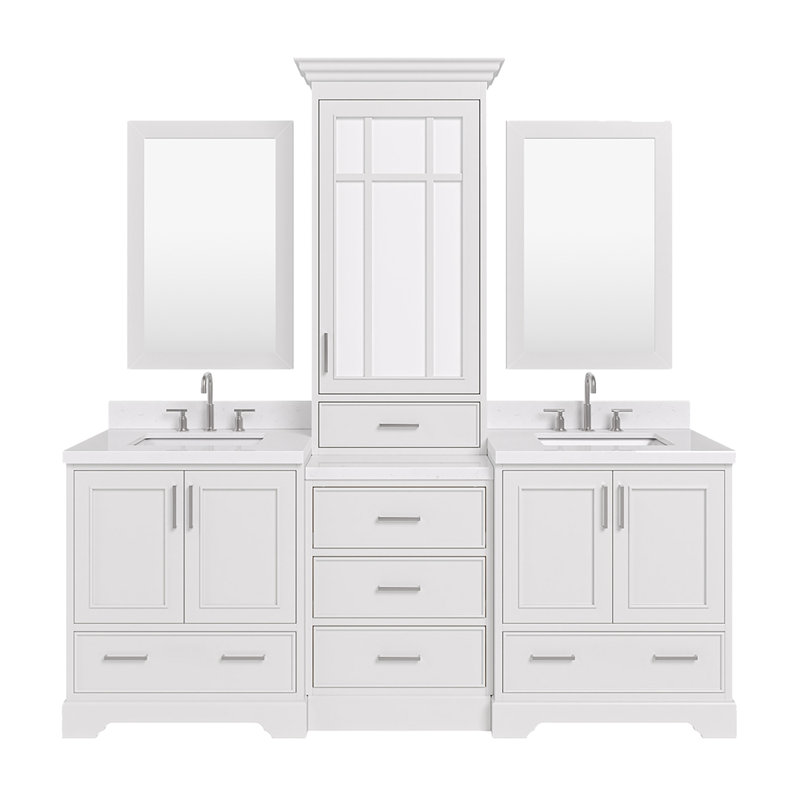Meuble-lavabo double 84,25 po avec plateau en quartz et miroir Abshire, Blanc