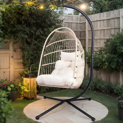 Fauteuil à œufs suspendu pliable avec support et coussin gris - Panier en osier PEHD, structure en aluminium et acier, chaîne de suspension réglable, capacité de 350 lb