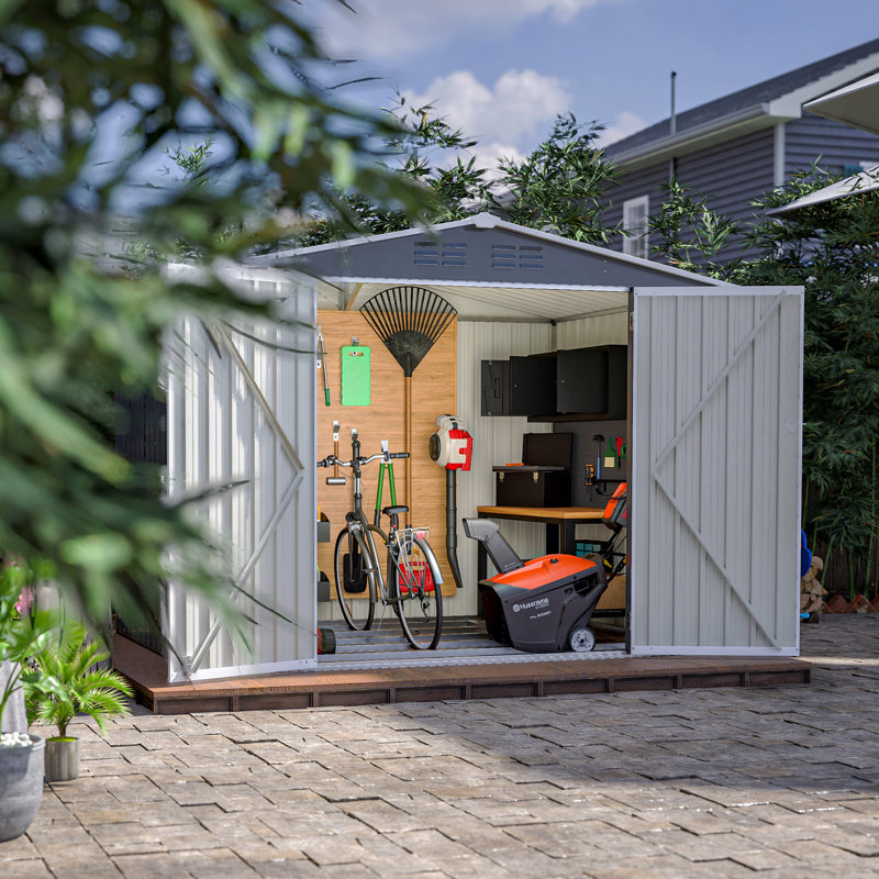 Remise pour outils de jardin 8 x 6 pi imperméable avec fondation en métal avec structure de plancher, remise à outils avec portes à charnières verrouillables et évents