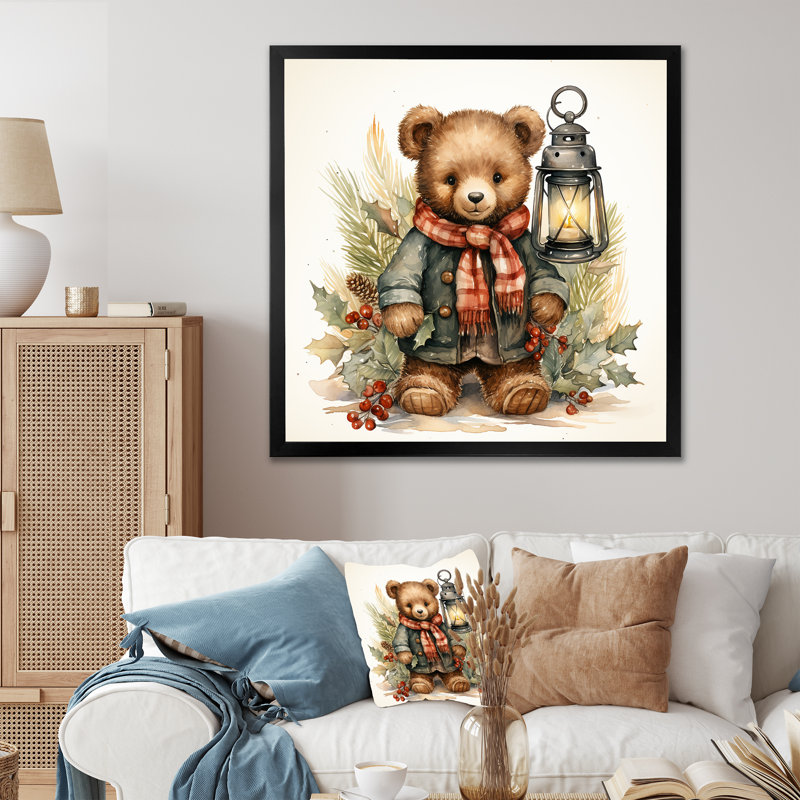 Ours en peluche de Noël, chambre de bébé I - art mural de l'ours en peluche, Cadre simple noir, H 16 po x l 16 po x P 1 po