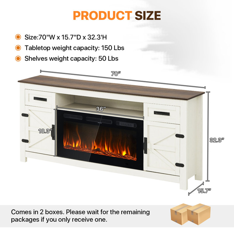 Farmhouse Fireplace Tv Stand With 36" Electric Fireplace,  Wood Entertainment Center for TVs up to 80"/90",  TV Console Table with Drawers & Cabinets