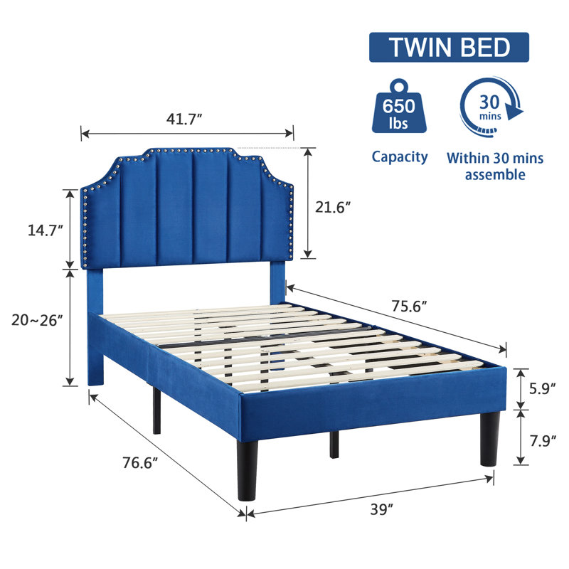 Tamerlan Twin Size Set Upholstered Adjustable Headboard Noiseless Platform Bed, Dark Blue