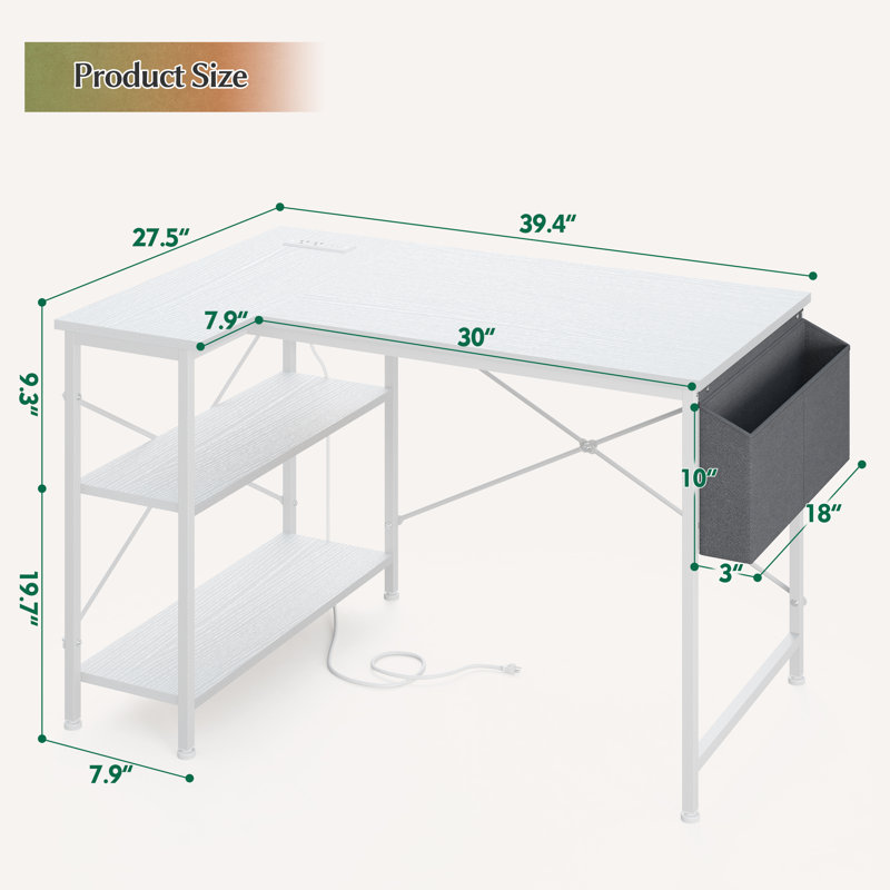 Bureau d'ordinateur en bois manufacturé en L Ciupan avec prise de courant, H 29 po x l 39,4 po x P 27,5 po, Blanc