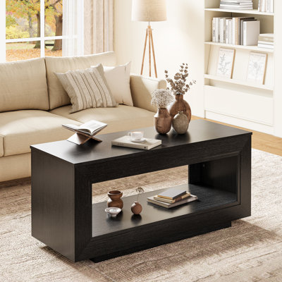 Lift Top Rectangular Wood Coffee Table with Dual-Layer Storage for Living Room