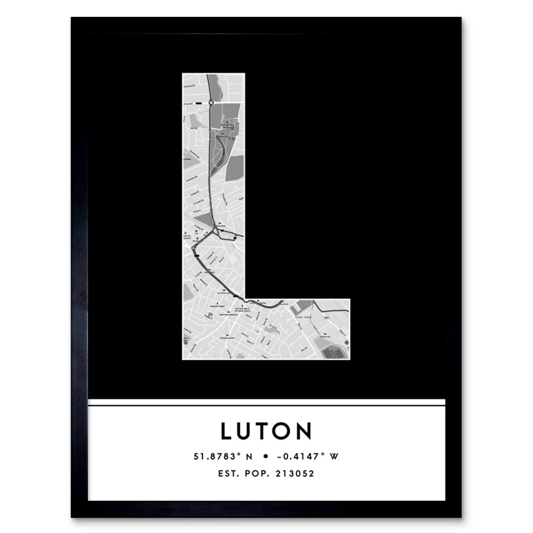 Luton City Map Luton Black & White by Wee Blue Coo - Single Picture Frame Typography
