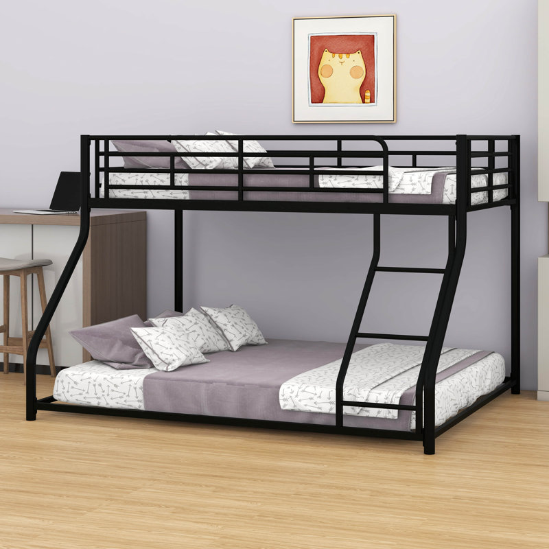 Floor Bunk Bed With Ladder & Safety Guardrail, Metal Bunk Bed, Twin XL Over Queen