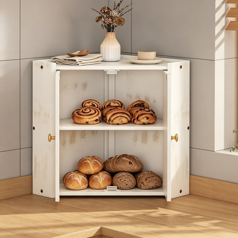 Boîte à pain en bambou pour comptoir avec porte magnétique, double compartiment de rangement, étagères réglables, Blanc