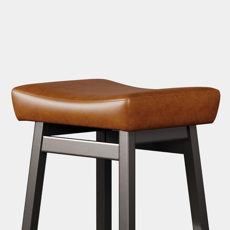 26" Solid Wood Bar Stools Set of 2 with Faux Leather Upholstery and Brown Saddle Seat, 2, Brown