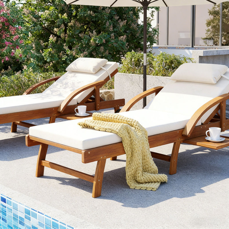 Chaises longues d'extérieur 77,5 po, structure en bois d'acacia, dossier et repose-pieds rembourrés et réglables, appui-tête et plateau latéral rétractable, parfait pour la terrasse, la piscine, le jardin, la plage 
