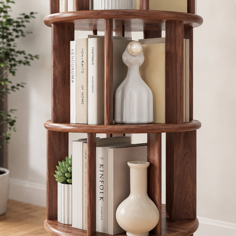  Modern Solid Wood Rotating Bookshelf with Wheels for Small Space Use