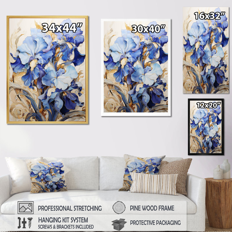 Golden Blue Irises Melody, reproduction d'art sur toile, Cadre simple blanc, H 32 po x l 24 po x P 1 po