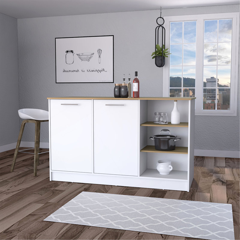 Îlot de cuisine polyvalent à 2 portes avec tablettes ouvertes et beaucoup de rangement