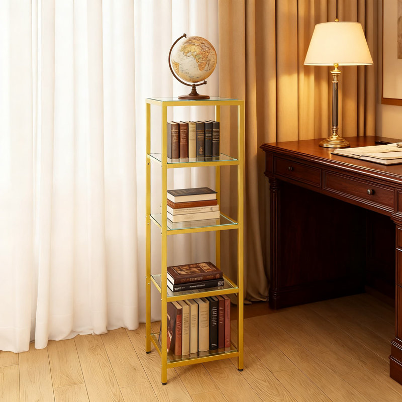 Étagère de rangement à 5 niveaux avec verre trempé, bibliothèque moderne et présentoir pour le salon, la chambre à coucher, le bureau personnel et l'organisation de la salle de bain