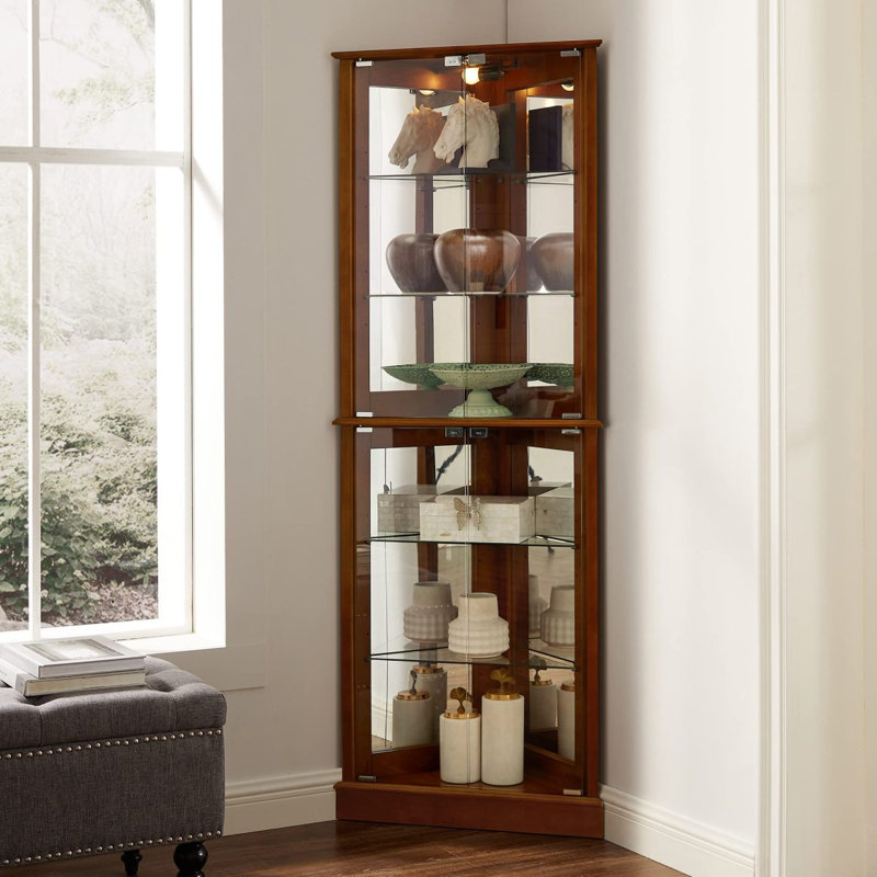 Corner Curio Dispaly Cabinet Withs, Adjustable Tempered Glass Shelves, Mirrored Back(E26 Bulb Not Included), Walnut