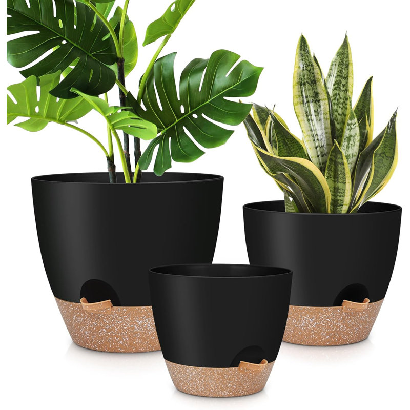Ensemble de 3 grandes jardinières à arrosage automatique avec drainage - noir