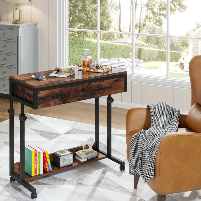 Yanal Height Adjustable Portable Mobile Laptop Desk with Drawers, Standing Desks for Home Office, Rustic Brown